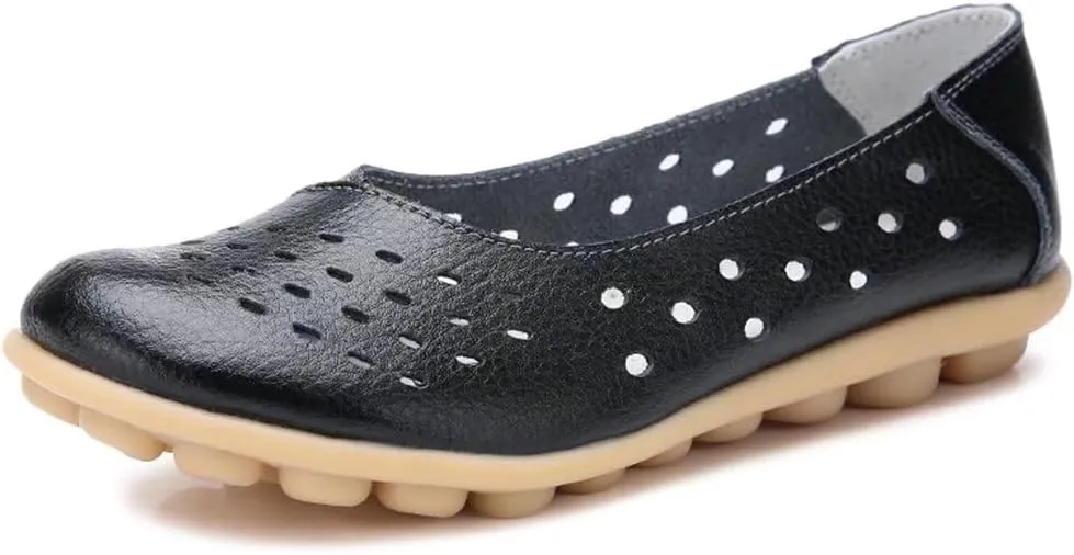 Women's Leather Flats Shoes Slip-Ons Casual Walking Driving Loafers Breathable Cutout