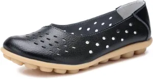 Women's Leather Flats Shoes Slip-Ons Casual Walking Driving Loafers Breathable Cutout