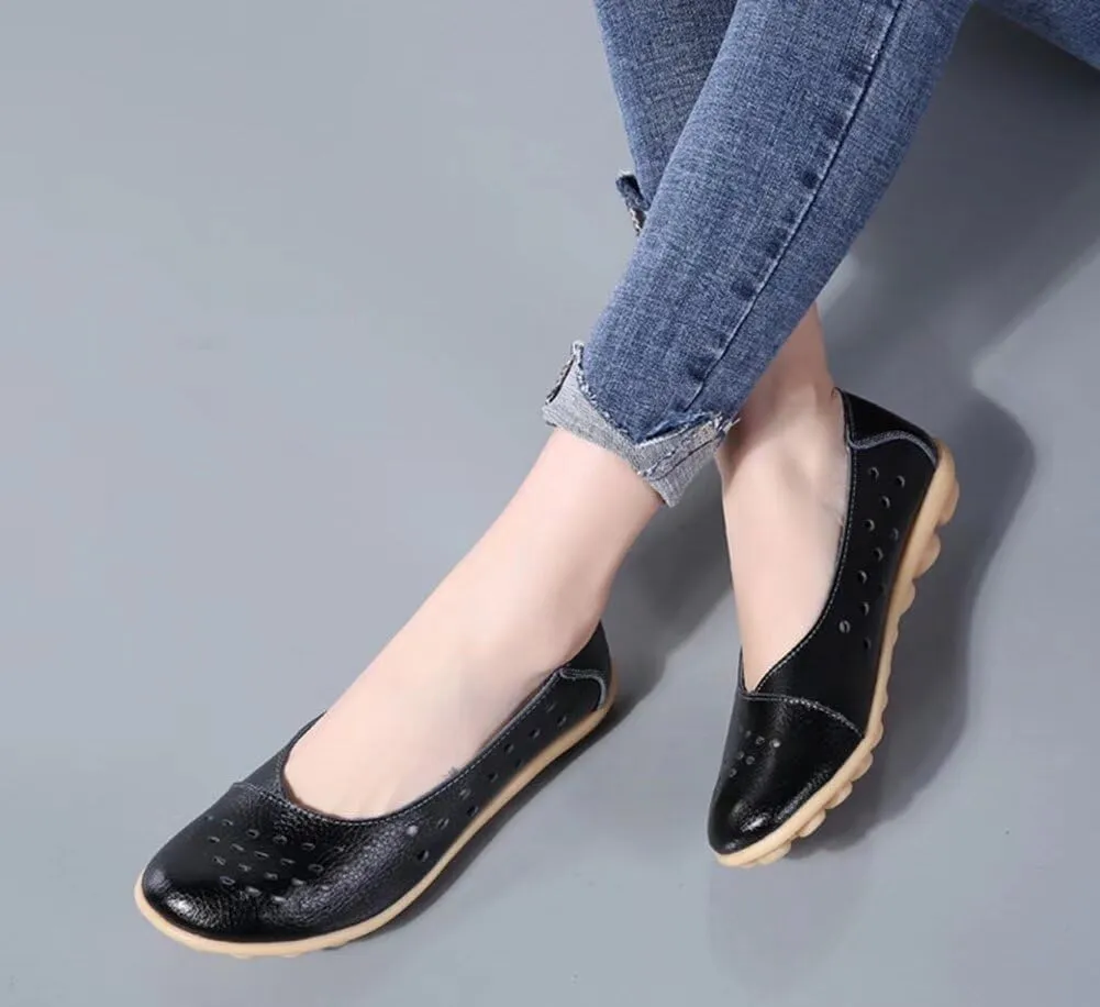 Women's Leather Flats Shoes Slip-Ons Casual Walking Driving Loafers Breathable Cutout