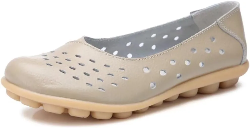 Women's Leather Flats Shoes Slip-Ons Casual Walking Driving Loafers Breathable Cutout