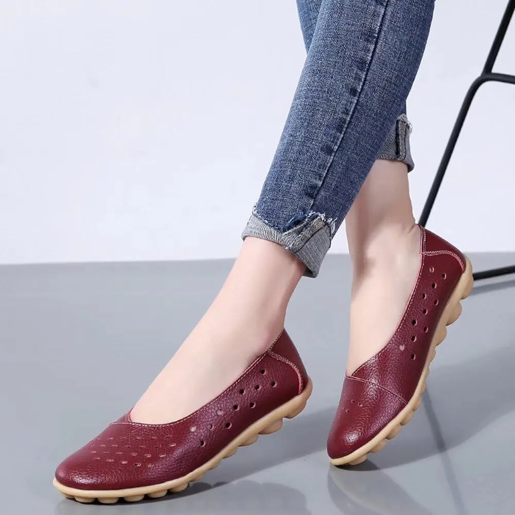Women's Leather Flats Shoes Slip-Ons Casual Walking Driving Loafers Breathable Cutout