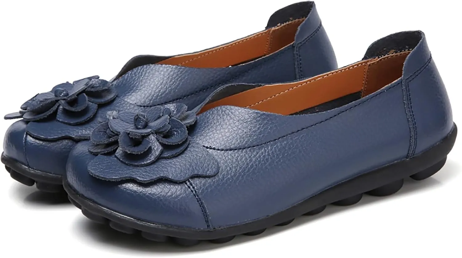 Womens Leather Loafers Flower Cowhide Flat Sandals Comfort Walking Casual Flat Loafer, Round Toe Soft Sole Slip On Sandals Breathable Indoor Outdoor Walking Shoes