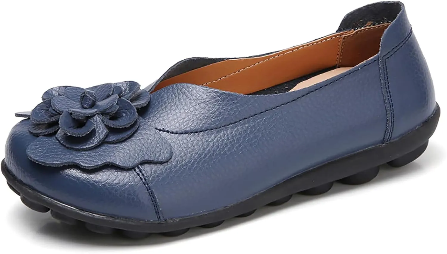 Womens Leather Loafers Flower Cowhide Flat Sandals Comfort Walking Casual Flat Loafer, Round Toe Soft Sole Slip On Sandals Breathable Indoor Outdoor Walking Shoes