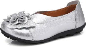 Womens Leather Loafers Flower Cowhide Flat Sandals Comfort Walking Casual Flat Loafer, Round Toe Soft Sole Slip On Sandals Breathable Indoor Outdoor Walking Shoes