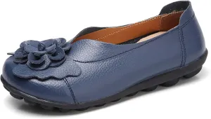 Womens Leather Loafers Flower Cowhide Flat Sandals Comfort Walking Casual Flat Loafer, Round Toe Soft Sole Slip On Sandals Breathable Indoor Outdoor Walking Shoes