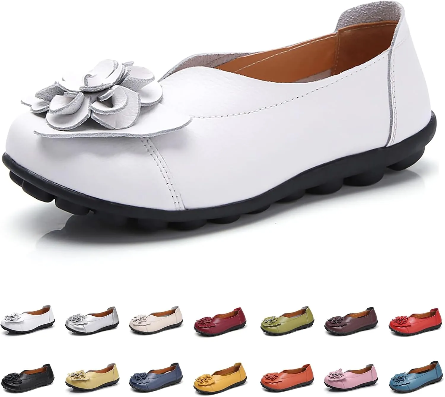 Womens Leather Loafers Flower Cowhide Flat Sandals Comfort Walking Casual Flat Loafer, Round Toe Soft Sole Slip On Sandals Breathable Indoor Outdoor Walking Shoes