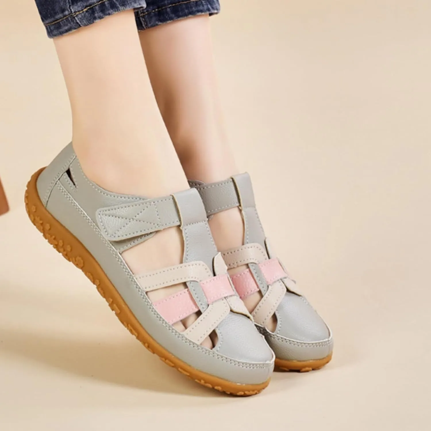 Womens Leather Sandals Woven Closed Toe Loafer Cutout Hook and Loop Soft Sole Slip On Sandals, Casual Comfy Orthopedic Sandal Comfortable Boho Roman Sandal Breathable Outdoor Walking Shoes