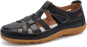 Womens Leather Sandals Woven Closed Toe Loafer Cutout Hook and Loop Soft Sole Slip On Sandals, Casual Comfy Orthopedic Sandal Comfortable Boho Roman Sandal Breathable Outdoor Walking Shoes