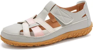 Womens Leather Sandals Woven Closed Toe Loafer Cutout Hook and Loop Soft Sole Slip On Sandals, Casual Comfy Orthopedic Sandal Comfortable Boho Roman Sandal Breathable Outdoor Walking Shoes