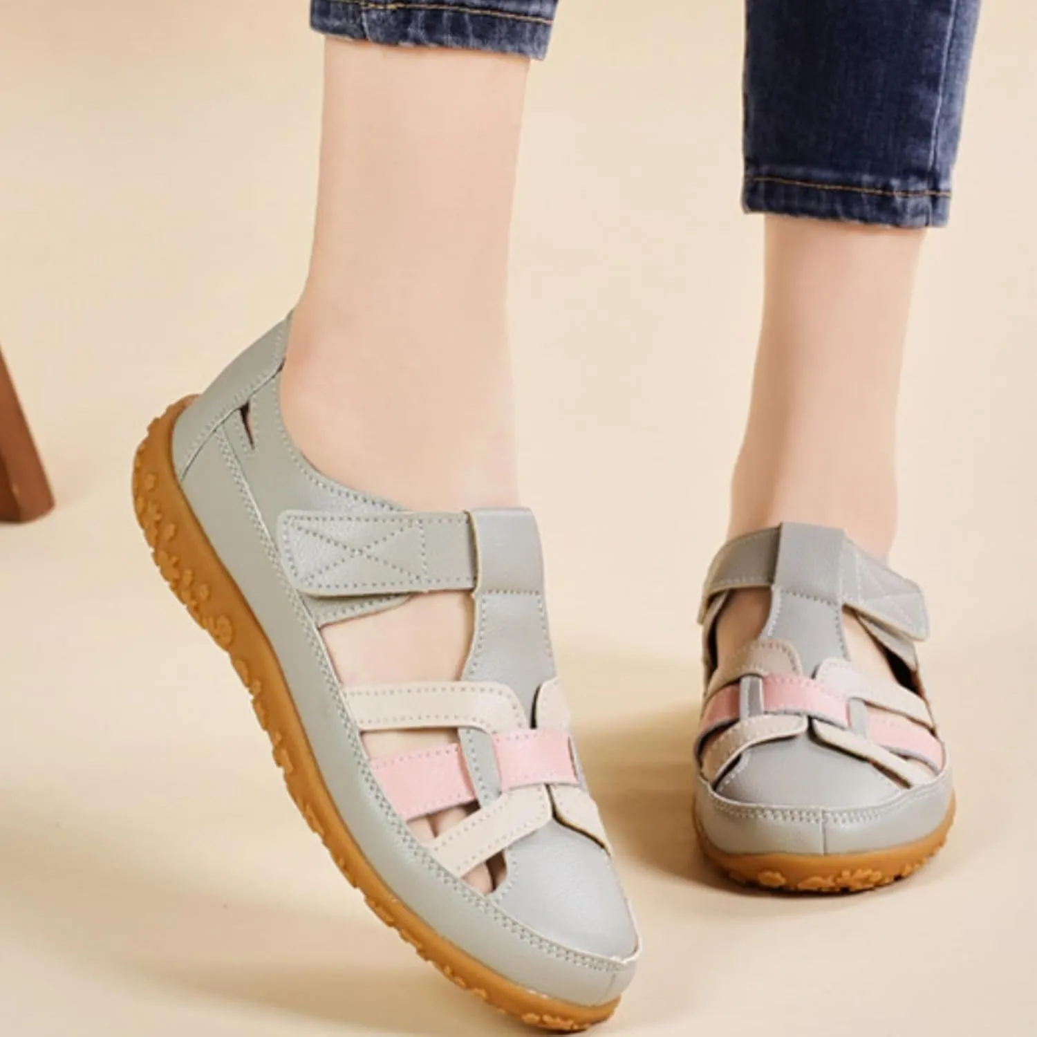Womens Leather Sandals Woven Closed Toe Loafer Cutout Hook and Loop Soft Sole Slip On Sandals, Casual Comfy Orthopedic Sandal Comfortable Boho Roman Sandal Breathable Outdoor Walking Shoes