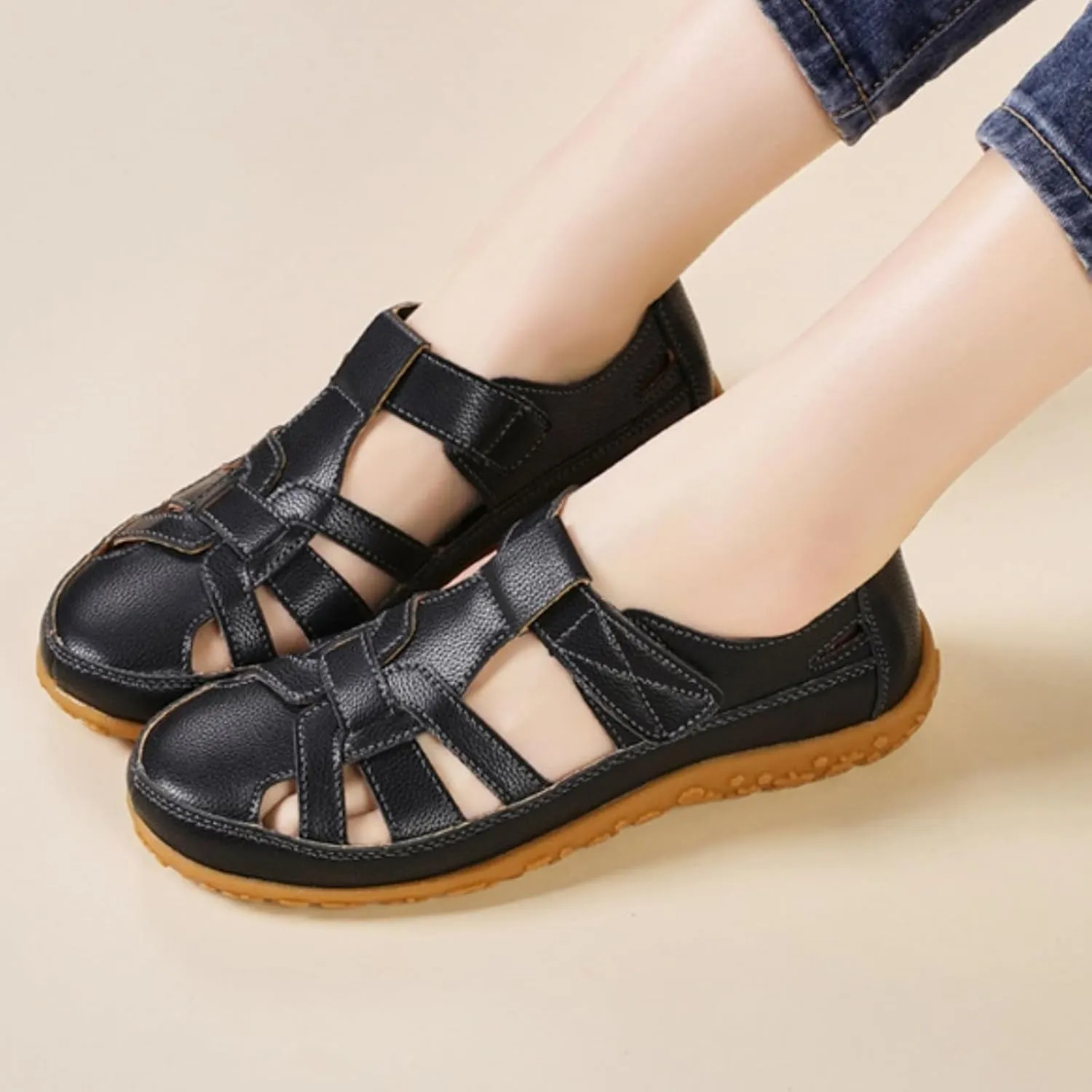Womens Leather Sandals Woven Closed Toe Loafer Cutout Hook and Loop Soft Sole Slip On Sandals, Casual Comfy Orthopedic Sandal Comfortable Boho Roman Sandal Breathable Outdoor Walking Shoes