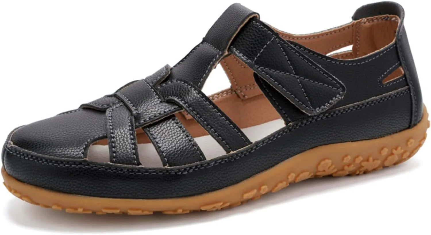 Womens Leather Sandals Woven Closed Toe Loafer Cutout Hook and Loop Soft Sole Slip On Sandals, Casual Comfy Orthopedic Sandal Comfortable Boho Roman Sandal Breathable Outdoor Walking Shoes