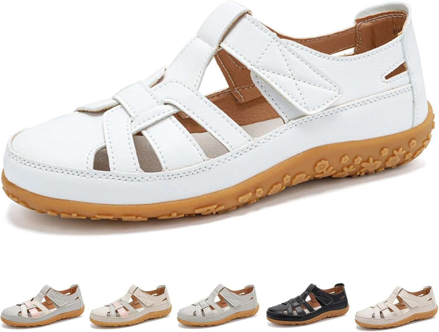 Womens Leather Sandals Woven Closed Toe Loafer Cutout Hook and Loop Soft Sole Slip On Sandals, Casual Comfy Orthopedic Sandal Comfortable Boho Roman Sandal Breathable Outdoor Walking Shoes