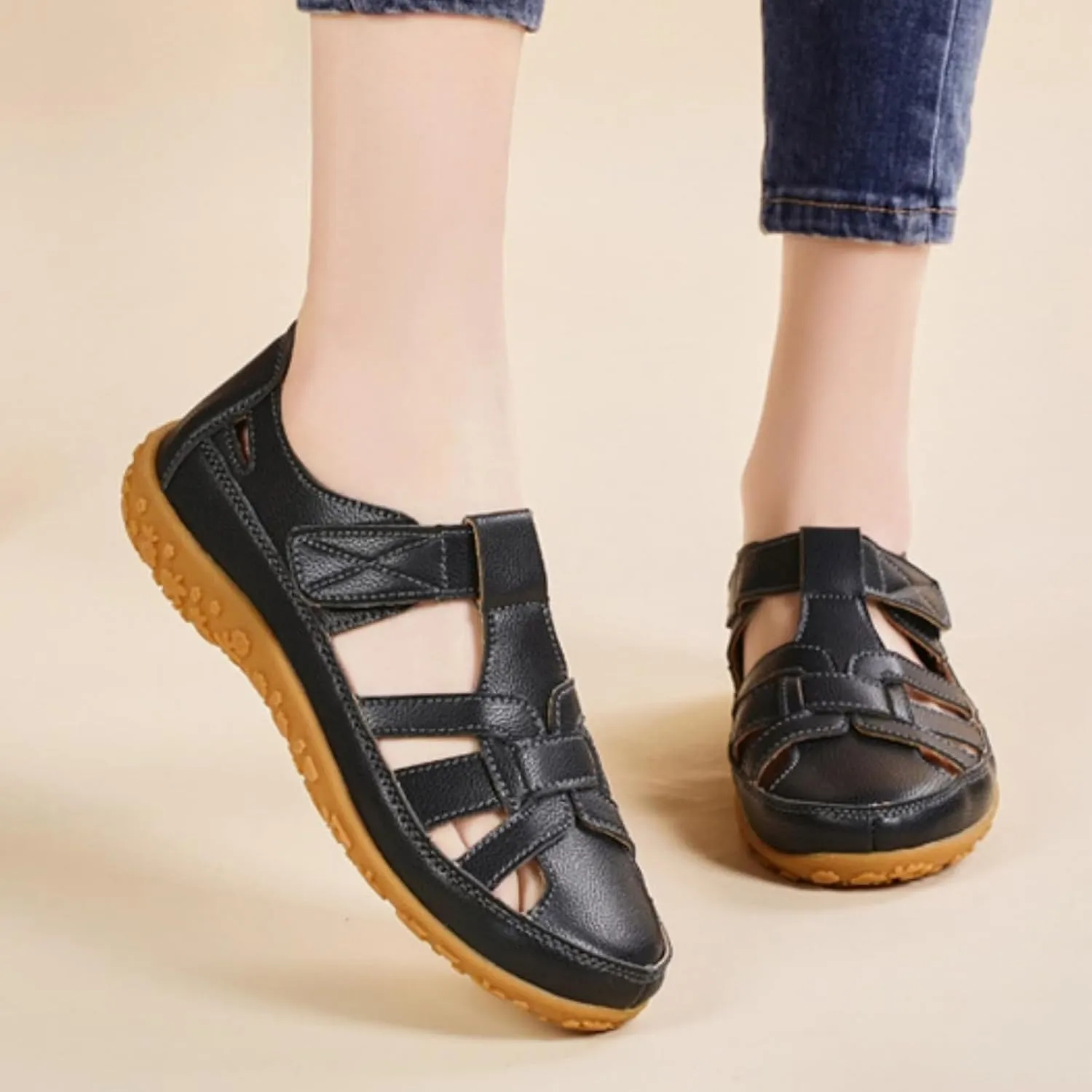 Womens Leather Sandals Woven Closed Toe Loafer Cutout Hook and Loop Soft Sole Slip On Sandals, Casual Comfy Orthopedic Sandal Comfortable Boho Roman Sandal Breathable Outdoor Walking Shoes