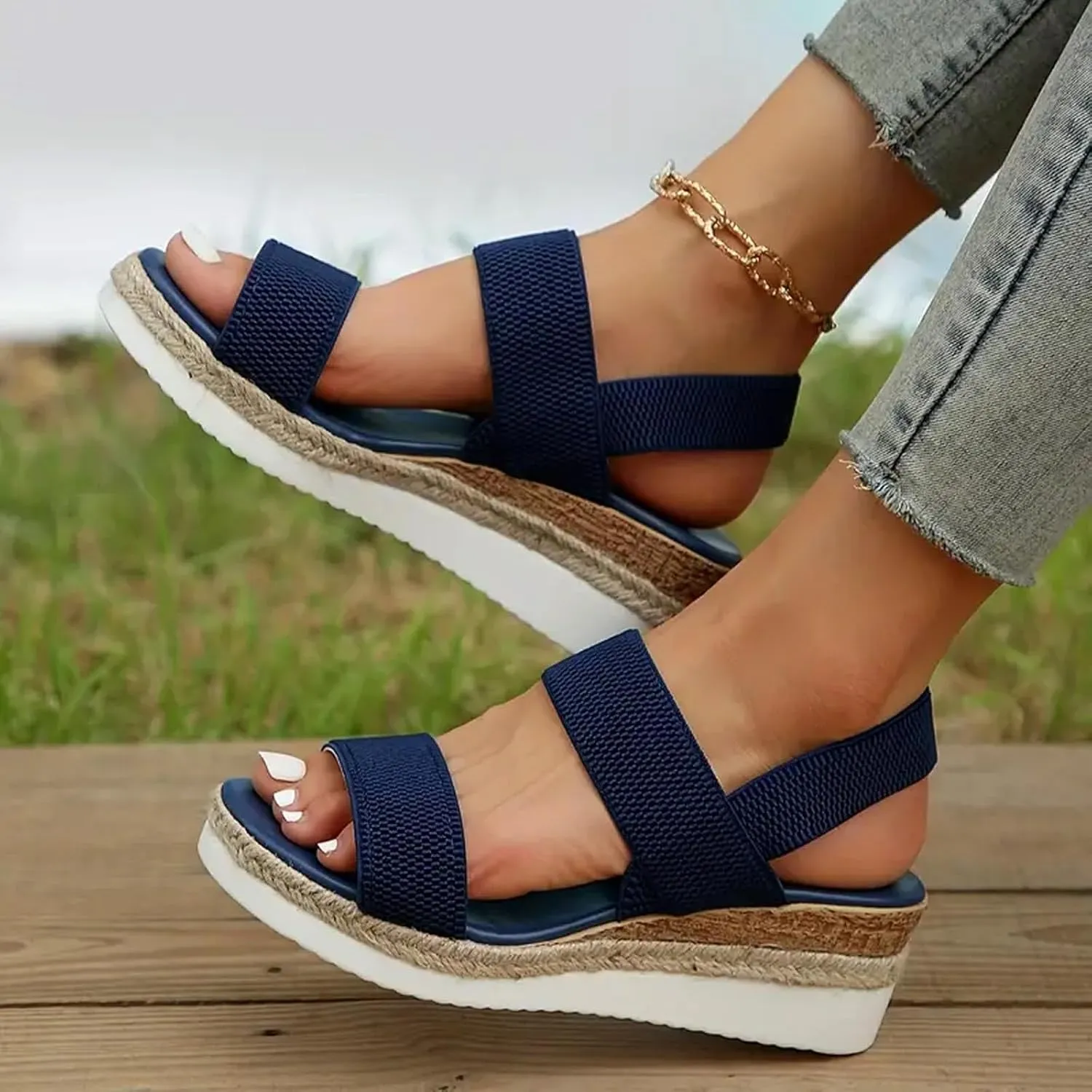 Women's Low Wedge Heels Comfortable Dressy Cork Cute Summer One Band Casual Trendy Flat Sandals with Adjustable Ankle Strap