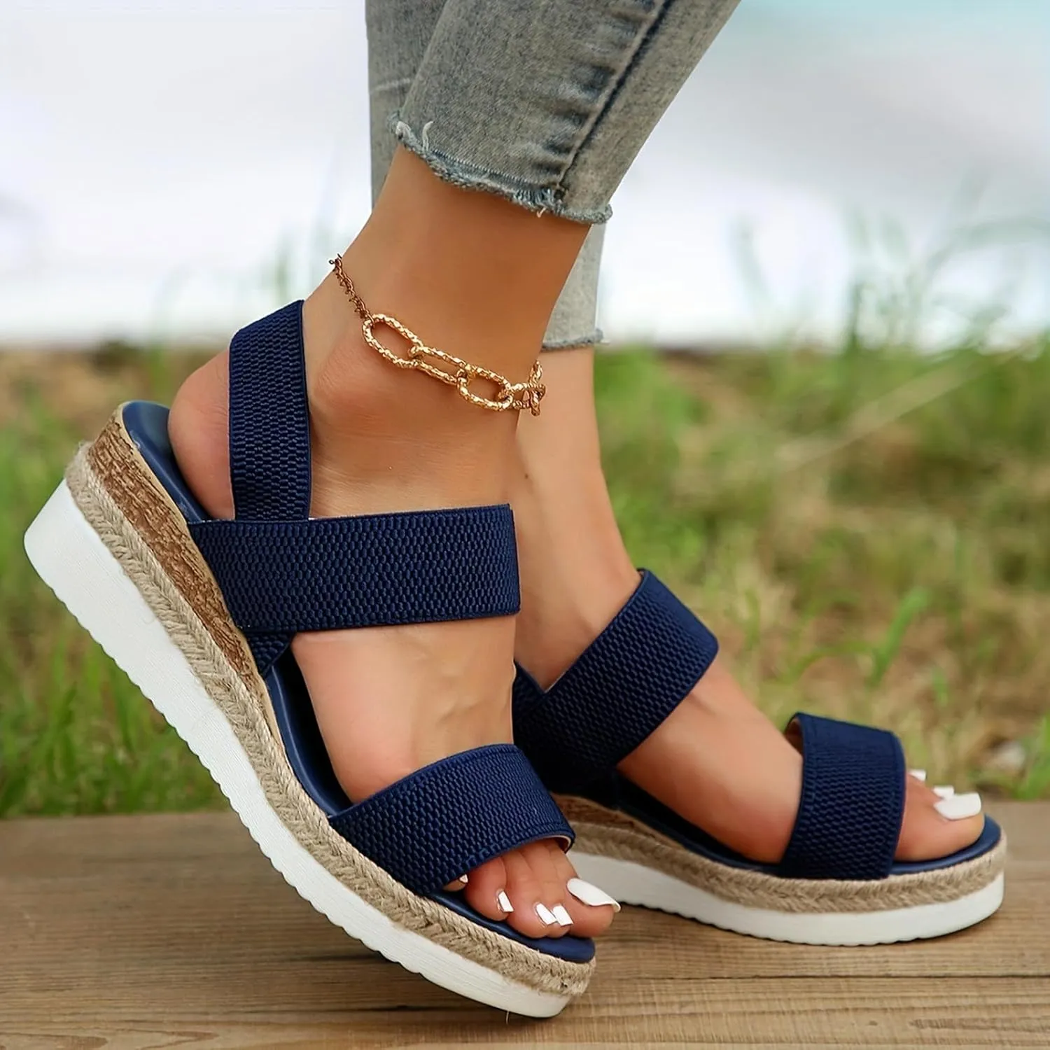 Women's Low Wedge Heels Comfortable Dressy Cork Cute Summer One Band Casual Trendy Flat Sandals with Adjustable Ankle Strap