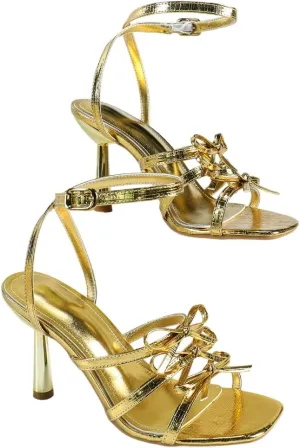 Women's Metallic High Heel Sandals – Elegant Crisscross Strap Evening Shoes with Knot Details, Glamorous Stiletto Heels for Galas & Formal Events