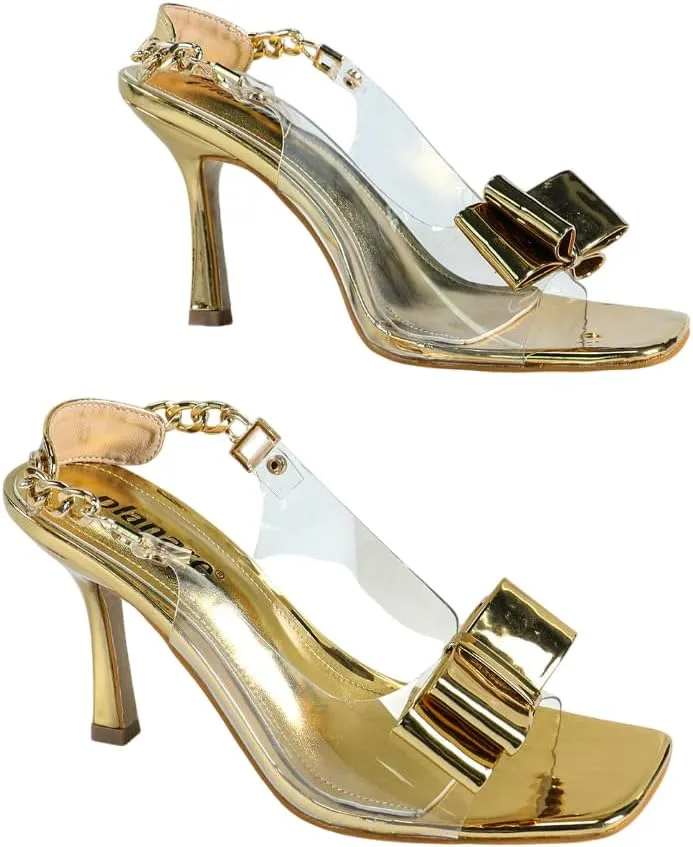 Women's Metallic High Heel Sandals – Elegant Crisscross Strap Evening Shoes with Knot Details, Glamorous Stiletto Heels for Galas & Formal Events