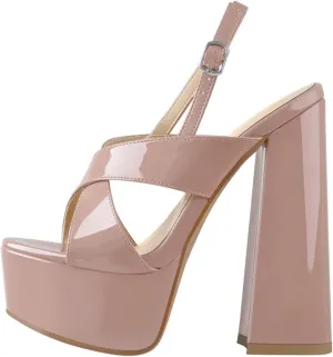 Women's Patent Leather Round Peep Toe Platforms - Cross-Tied Ankle Strap Thick Heels