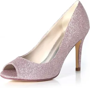 Women's Peep Toe Low Heel Sequins Frosted Kitten Heels Sandals,Wedding Shoes Slip on Round Toe Pumps High Heeled Prom Dress Shoes