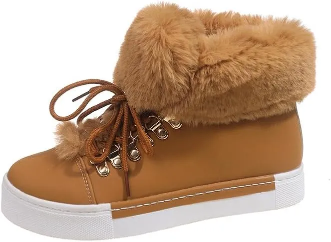 Women's Platform Fleece Liner Ankle Boots, Thermal Solid Color Lace Up Faux Leather Shoes, Women's Footwear