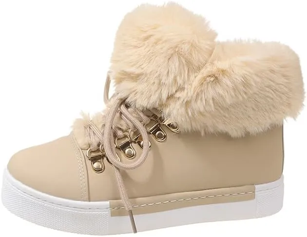 Women's Platform Fleece Liner Ankle Boots, Thermal Solid Color Lace Up Faux Leather Shoes, Women's Footwear