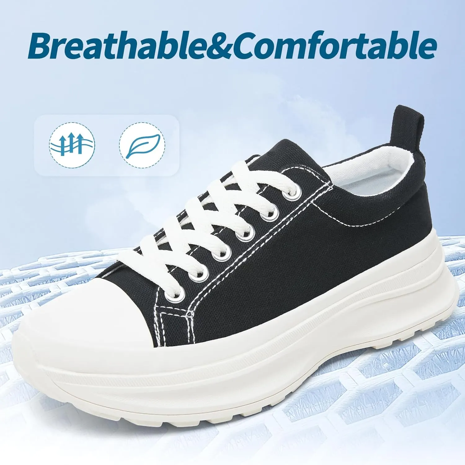 Womens Platform Sneakers Low Top White Shoes for Women Lace Up Canvas Shoes Black Sneakers for Women Comfortable Classic Tennis Shoes