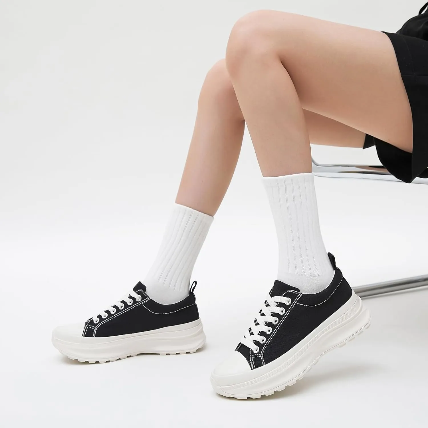 Womens Platform Sneakers Low Top White Shoes for Women Lace Up Canvas Shoes Black Sneakers for Women Comfortable Classic Tennis Shoes