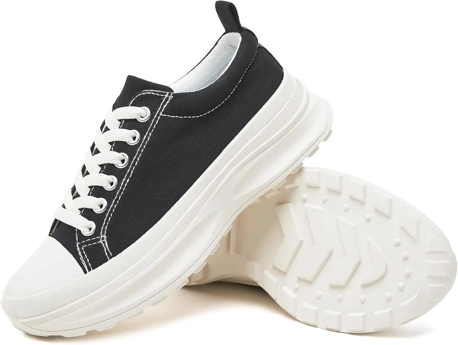 Womens Platform Sneakers Low Top White Shoes for Women Lace Up Canvas Shoes Black Sneakers for Women Comfortable Classic Tennis Shoes