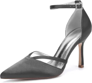 Womens Pumps for Bride Shoes Closed Toe Stiletto High Heels Wedding Pointed Toe Shoes Ankle Strap Satin Breathable Pointy Toe Sandals,Black,7