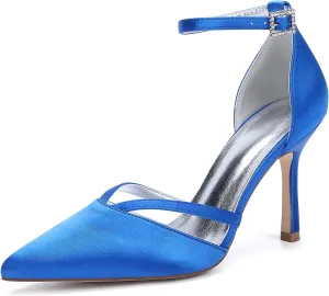 Womens Pumps for Bride Shoes Closed Toe Stiletto High Heels Wedding Pointed Toe Shoes Ankle Strap Satin Breathable Pointy Toe Sandals,Blue,7