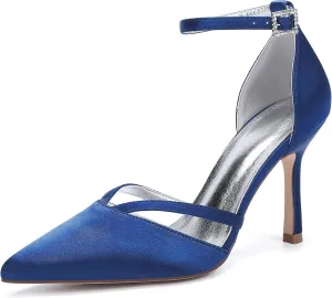 Womens Pumps for Bride Shoes Closed Toe Stiletto High Heels Wedding Pointed Toe Shoes Ankle Strap Satin Breathable Pointy Toe Sandals,Dark Blue,10