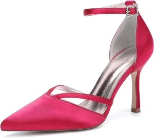 Womens Pumps for Bride Shoes Closed Toe Stiletto High Heels Wedding Pointed Toe Shoes Ankle Strap Satin Breathable Pointy Toe Sandals,Red,10