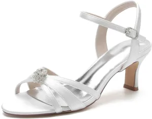 Women's Rhinestone-Accent Lace & Satin Open-Toe Mary Jane Pump Shoes - Classic Low Heel Design, Perfect for Parties, Weddings, and Dress Events