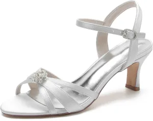 Women's Rhinestone-Accent Lace & Satin Open-Toe Mary Jane Pump Shoes - Classic Low Heel Design, Perfect for Parties, Weddings, and Dress Events