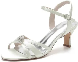 Women's Rhinestone-Accent Lace & Satin Open-Toe Mary Jane Pump Shoes - Classic Low Heel Design, Perfect for Parties, Weddings, and Dress Events