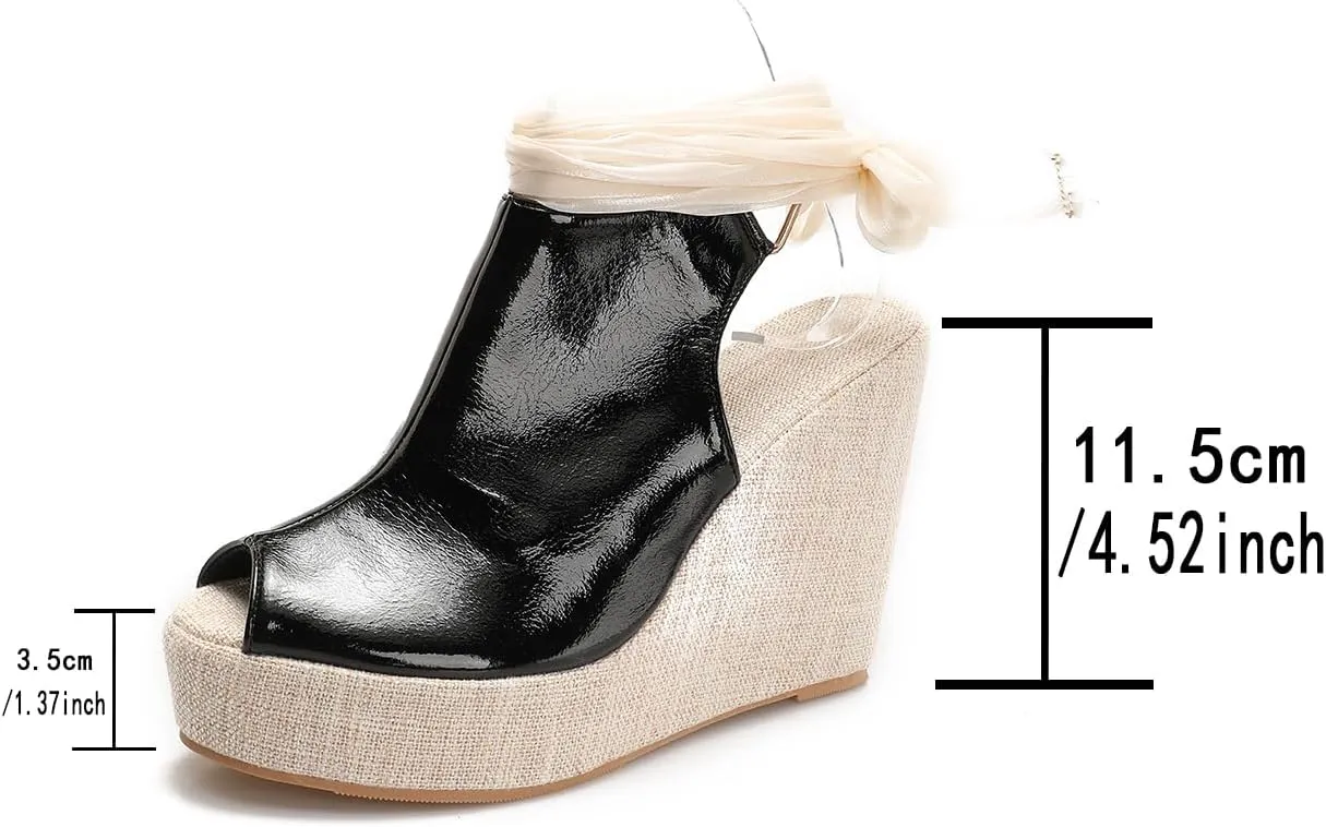 Women's Round Peep Toe Platform Wedge Sandals Espadrille 4.5 Inch High Heel Ankle Strap Slingback Wedges Shoes for Women Comfy Dress Summer Sandals Casual Beach