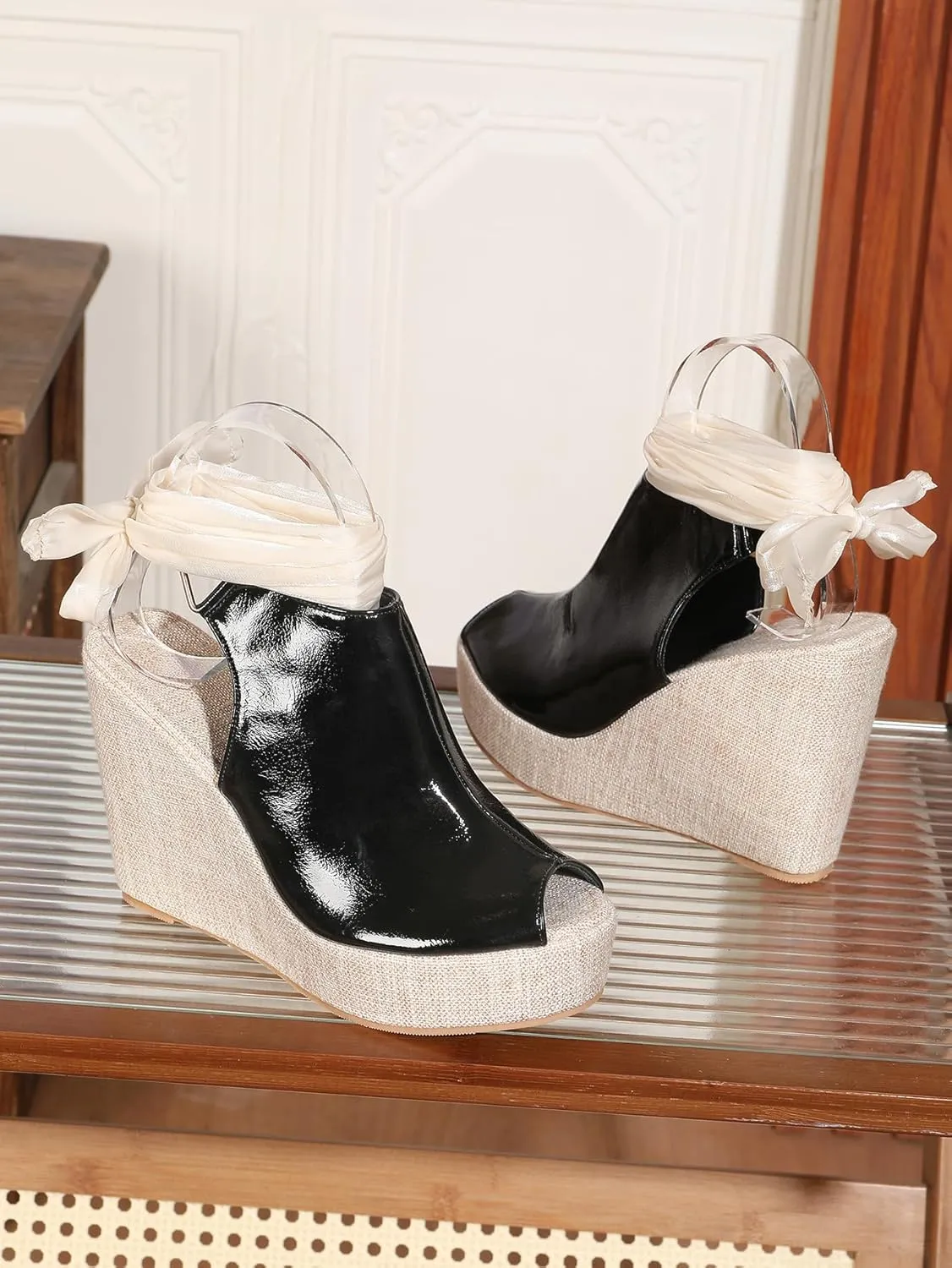Women's Round Peep Toe Platform Wedge Sandals Espadrille 4.5 Inch High Heel Ankle Strap Slingback Wedges Shoes for Women Comfy Dress Summer Sandals Casual Beach
