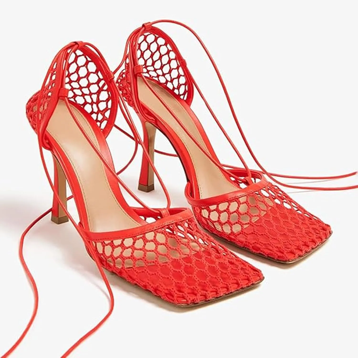 Women's Sexy Square Toe Mesh Ankle Cross-Tied High Heels Rome Sandals Closed Toe Mesh Lace Up Stiletto Heel Sandals