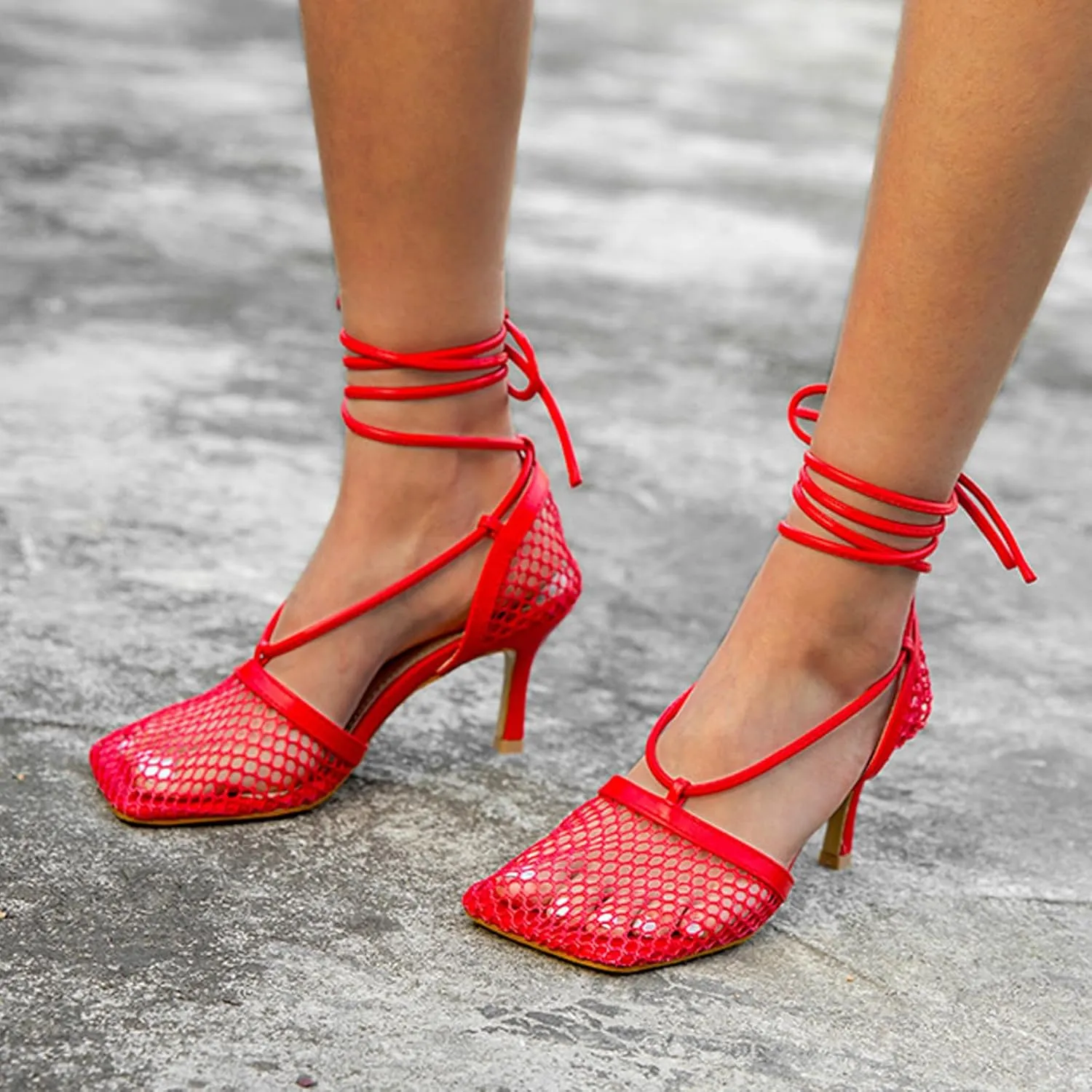 Women's Sexy Square Toe Mesh Ankle Cross-Tied High Heels Rome Sandals Closed Toe Mesh Lace Up Stiletto Heel Sandals