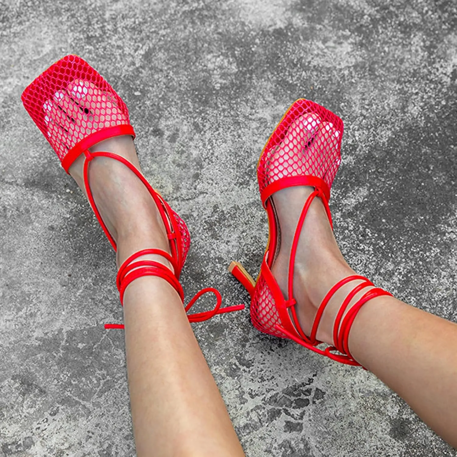 Women's Sexy Square Toe Mesh Ankle Cross-Tied High Heels Rome Sandals Closed Toe Mesh Lace Up Stiletto Heel Sandals
