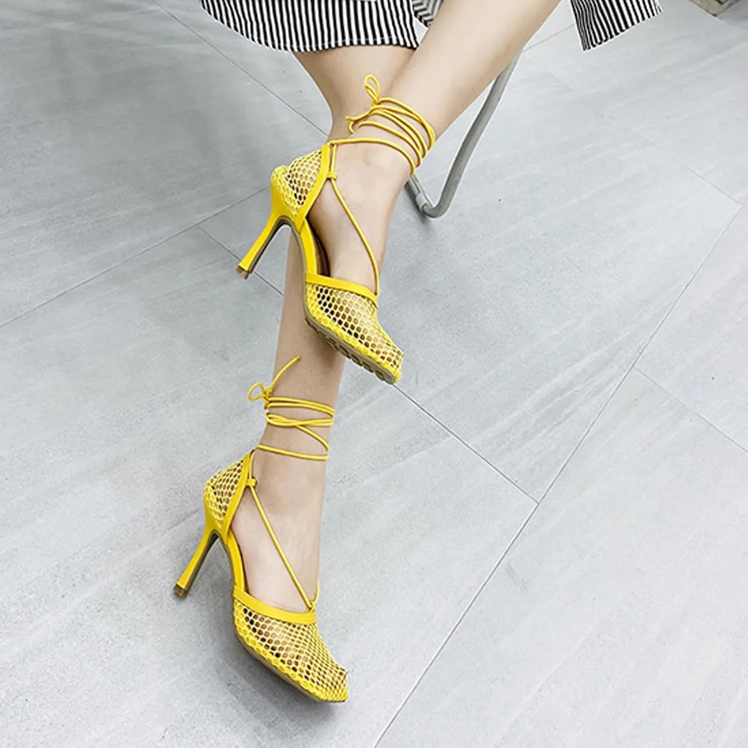 Women's Sexy Square Toe Mesh Ankle Cross-Tied High Heels Rome Sandals Closed Toe Mesh Lace Up Stiletto Heel Sandals