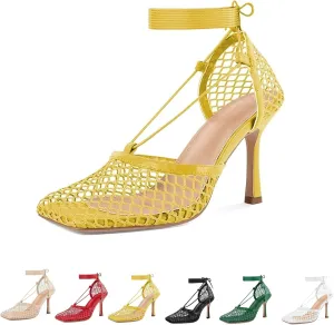 Women's Sexy Square Toe Mesh Ankle Cross-Tied High Heels Rome Sandals Closed Toe Mesh Lace Up Stiletto Heel Sandals