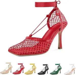 Women's Sexy Square Toe Mesh Ankle Cross-Tied High Heels Rome Sandals Closed Toe Mesh Lace Up Stiletto Heel Sandals