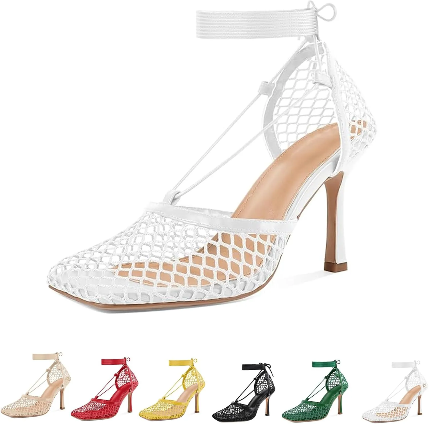 Women's Sexy Square Toe Mesh Ankle Cross-Tied High Heels Rome Sandals Closed Toe Mesh Lace Up Stiletto Heel Sandals