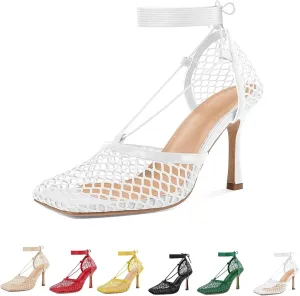 Women's Sexy Square Toe Mesh Ankle Cross-Tied High Heels Rome Sandals Closed Toe Mesh Lace Up Stiletto Heel Sandals