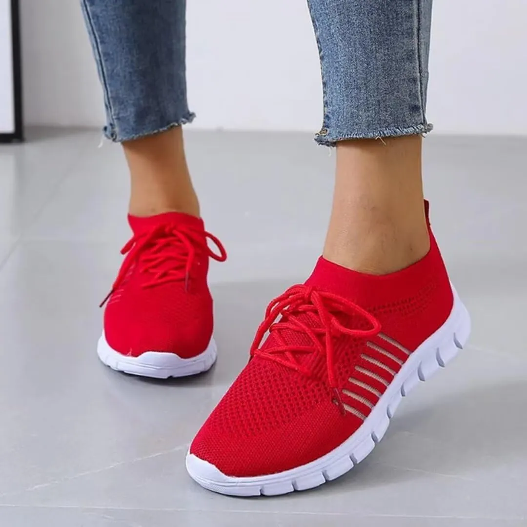 Women's Sneakers - Lightweight Breathable Knit - Slip-On Lace-Up - Cushioned Sole