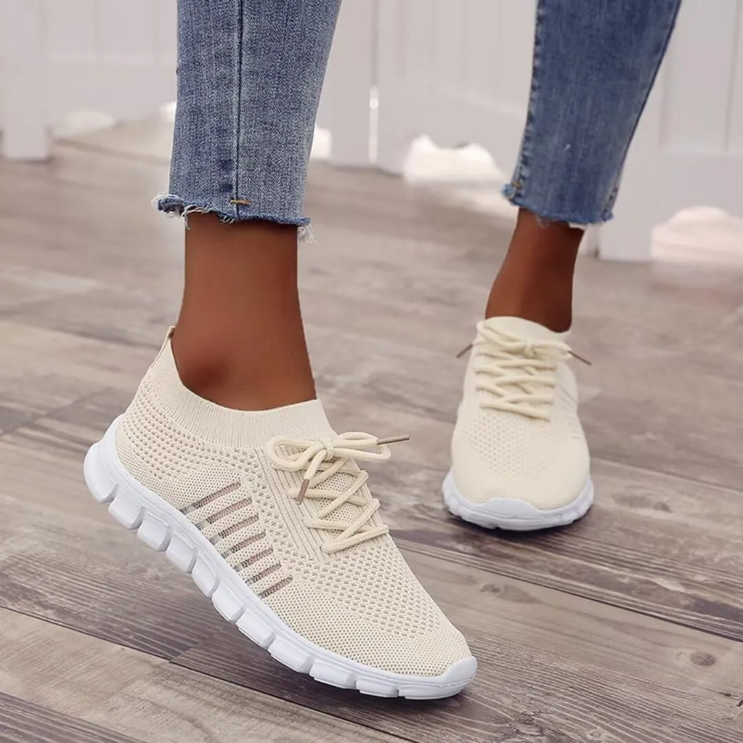 Women's Sneakers - Lightweight Breathable Knit - Slip-On Lace-Up - Cushioned Sole