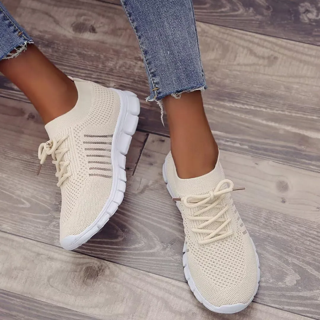 Women's Sneakers - Lightweight Breathable Knit - Slip-On Lace-Up - Cushioned Sole