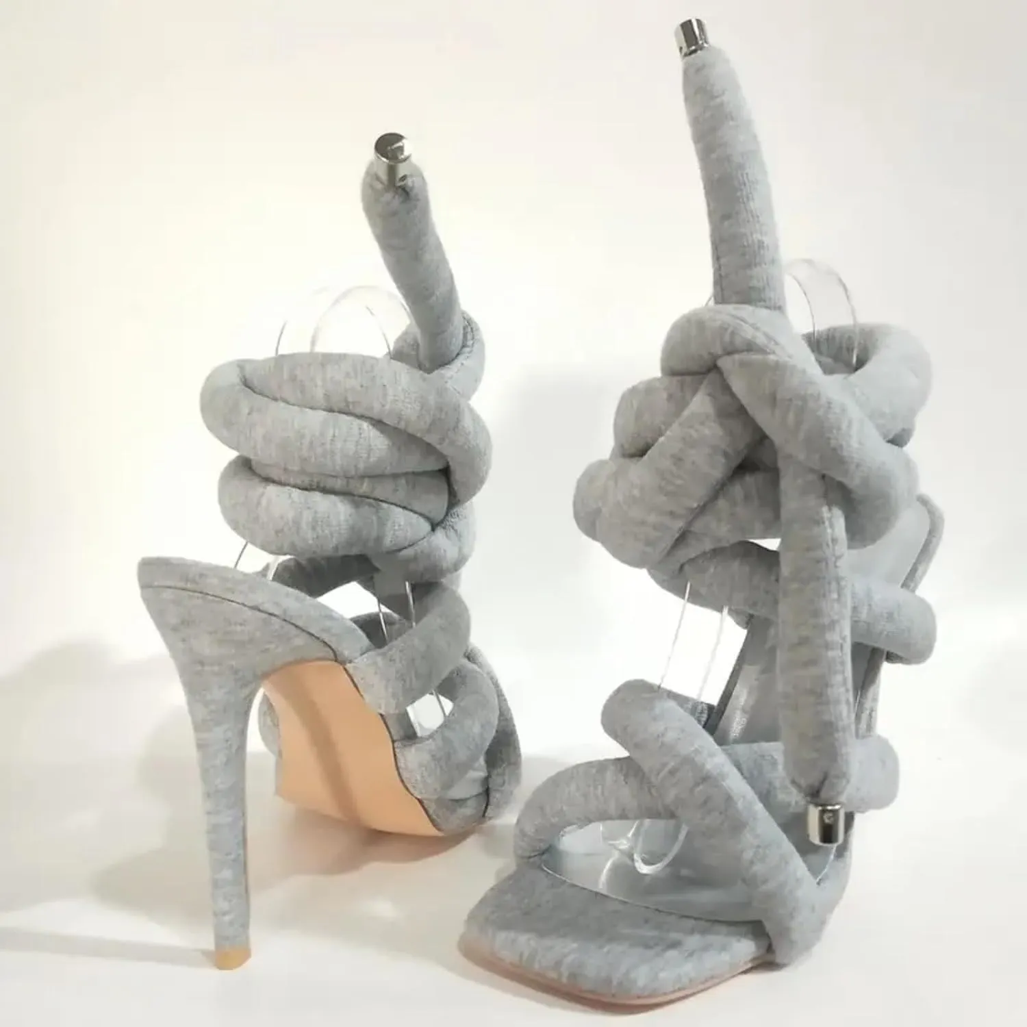 Womens Spiral Wrap Around Strap Lace Up High Heel Sandals – 4.13 Inch Grey Soft Knotted Strappy Stilettos Open Toe Heels